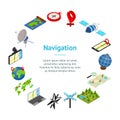 Navigation Methods Tools Signs 3d Banner Card Circle Isometric View. Vector