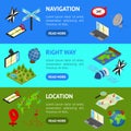 Navigation Methods Tools Signs 3d Banner Horizontal Set Isometric View. Vector