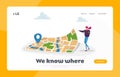 Navigation, Orienteering Traveling Landing Page Template. Character at Huge Map with Gps Pin Finding Way in Big City Royalty Free Stock Photo