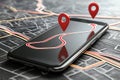 Navigation path displayed on smartphone with map pins on a wavy road. 3D rendering