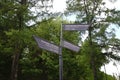 Navigational signpost in the center of Sergiyev Posad with inscriptions in Russian, English and Chinese languages. Royalty Free Stock Photo