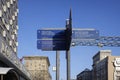 Navigational signpost in Prospekt Mira with Russian and English inscriptions, Moscow, Russia.