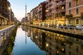Naviglio Grande canal in the evening, Milan, Italy