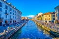 Naviglio Grande Canal, the popular evening spot in Milan, Italy