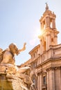 Navona Square in Rome, Italy. Detail of old Four Rivers fountain and Sant`Agnese church. Piazza Navona is a famous tourist Royalty Free Stock Photo