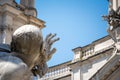 Detail of Four Rivers Fountain in Piazza Navona and church of Santa Agnese in Agone, Rome, Italy, Europe. Royalty Free Stock Photo