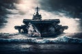 Navy aircraft carrier in wavy sea water. Neural network generated art