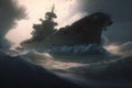 Navy aircraft carrier in wavy sea water. Neural network generated art