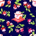 Navy background with chinese fuchsia and lucky cats sitting on t