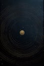 Navy blue abstract art solar system. Gold geometric circles and lines. Minimalist design background.