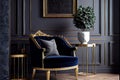 navy blue armchair with golden frame against dark wall with molding in elegant living room interior Royalty Free Stock Photo