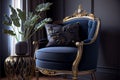 navy blue armchair with golden frame against dark wall with molding in elegant living room interior Royalty Free Stock Photo