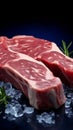 Navy blue background highlights the close up of a raw T bone beef steak