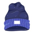 Navy blue beanie hat with a striped fold and blank label. Winter knitted headwear for cold weather. Cozy fashion