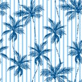 Navy blue coconut palm trees on striped background. Seamless tropical pattern Royalty Free Stock Photo