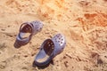 Navy blue crocs footwear on the beach, vacation background. Blue trendy croc beach shoes. Vacation concept