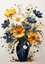 Navy Blue Daisies: A Stunning Colored Pencil Illustration of Med