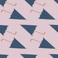 Navy blue doodle umbrella ornament seamless pattern. Light lilac background