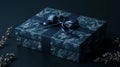 Navy Blue Gift Box with Silver Pattern and Bow Royalty Free Stock Photo