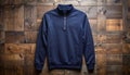 Navy blue half zip jacket with pockets on patterned wooden background pullover Royalty Free Stock Photo