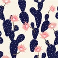 Navy blue Hand drawn cactus tropical garden seamless pattern. Royalty Free Stock Photo