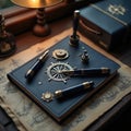 Navy blue leather-bound notebook with nautical embellishments. Includes pens, compass rose, and ship wheel design elements. Ideal Royalty Free Stock Photo
