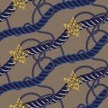 Navy blue marine rope knot seamless pattern with gold star.