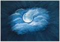 Navy blue night sky abstract background, romantic watercolor moon night sky scene, hand painted illustration with moon and clouds