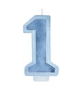 Navy blue `Number 1` candle with border decorated with silver glitter. Royalty Free Stock Photo