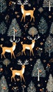 a navy blue and orange christmas pattern with trees, deers, and snowfl