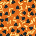 Navy blue random simple flowers tulip ornament seamless pattern. Bright orange background. Creative print Royalty Free Stock Photo