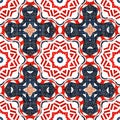 Navy blue red azulejos tile style banana fashion scarf print. Seamless pattern in coastal living maritime style design