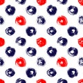 Navy blue red and white grunge circle brush strokes geometric seamless pattern, vector Royalty Free Stock Photo