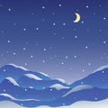 Navy blue Starry Night Sky or falling Snow and moon and mountains, beautiful Winter-time landscape background for your Royalty Free Stock Photo
