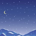 Navy blue Starry Night Sky or falling Snow and moon and mountains, beautiful Winter-time landscape background for your Royalty Free Stock Photo