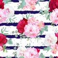 Navy blue striped floral seamless vector print with peony, alstroemeria lily, mint eucaliptus on white. Royalty Free Stock Photo