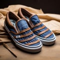 Navy Blue Striped Vans Slip On Sneakers - Leather Stripes - Indigo