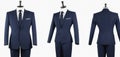 navy blue suit on mannequin, front and back views, empty space for text Royalty Free Stock Photo