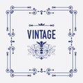 Navy blue swirl art deco square border frame pattern greeting card with word Vintage and cute floral emblem