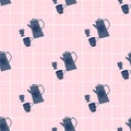 Navy blue tea ceremony silhouettes seamless pattern. Soft pink background with check. Simple cafe print Royalty Free Stock Photo