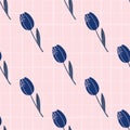 Navy blue tulip silhouettes seamless pattern. Hand drawn floral ornament on pink chequered background Royalty Free Stock Photo