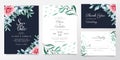 Navy blue wedding invitation card template set with watercolor flowers and leaves. Elegant botanic decoration background of blue Royalty Free Stock Photo