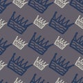 Navy blue and white outline crown ornament seamless pattern. Dark grey background Royalty Free Stock Photo