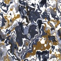 Navy blue yellow marbled seamless texture. Irregular color ink blotched paint effect background. Marble irregular swirl