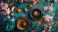 a navy cup of coffee paired with a few cookies, adorned with delicate sakura blossoms on the table, in a close-up shot.