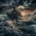 Navy Destroyer in high seas on the ocean at night with a full moon