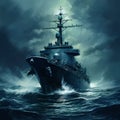 Navy Destroyer in high seas on the ocean at night with a full moon Royalty Free Stock Photo