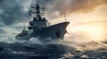 Navy Destroyer in high seas on the ocean at night with a full moon