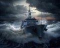 Navy Destroyer in high seas on the ocean at night with a full moon