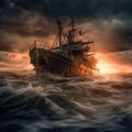 Navy Destroyer in high seas on the ocean at night with a full moon